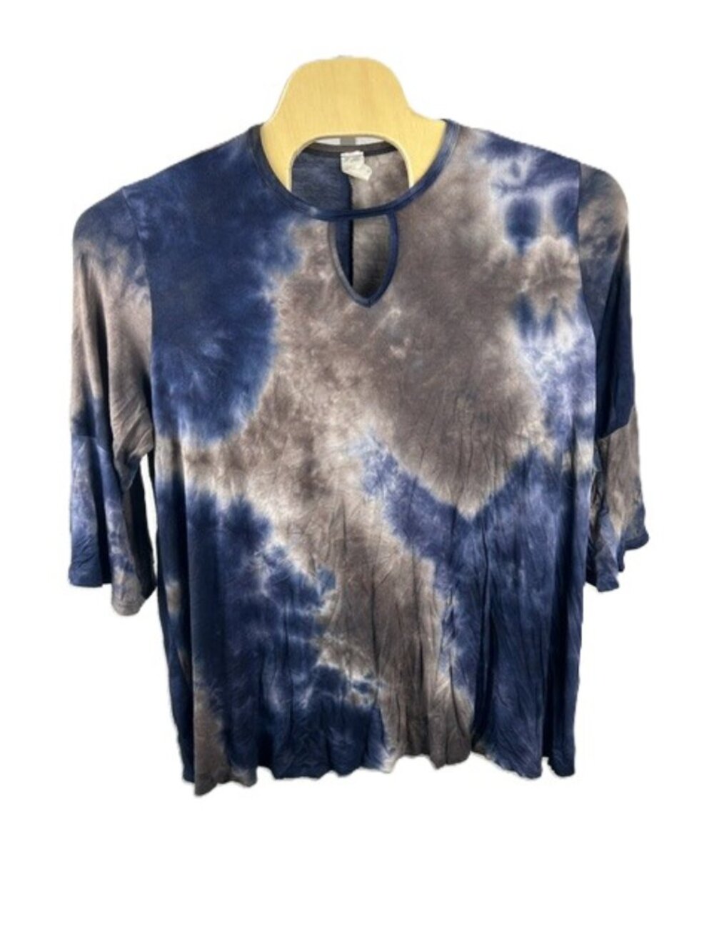 Lane Bryant 3X Blue Gray Tie Dye Tunic Top V Neck Keyhole 3/4 Bell Sleeves